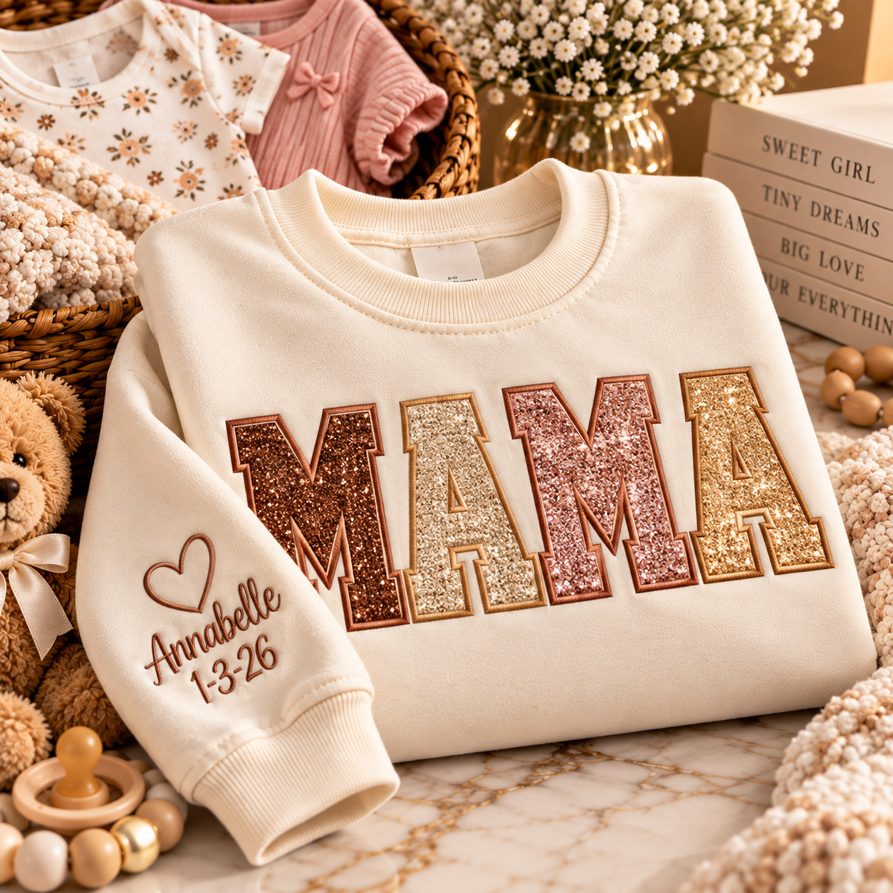 Personalized Embroidered Baby Glitter Keepsake Mama Sweatshirt | Free Shipping