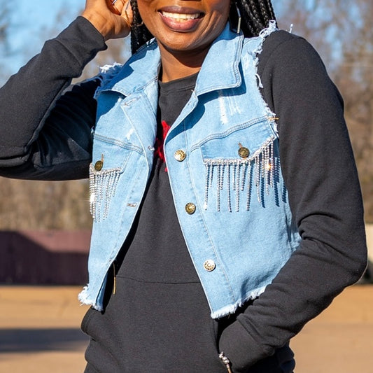 Rhinestone- Fringe Cropped Denim Vest | Free Shipping