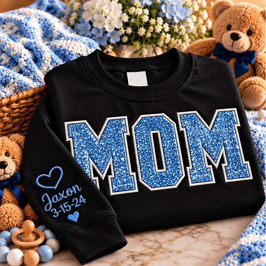 Personalized Embroidered Baby Glitter Keepsake Mom Sweatshirt  | Free Shipping
