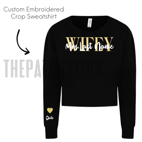 Embroidered Wifey Crop Sweatshirt Black | Free Shipping