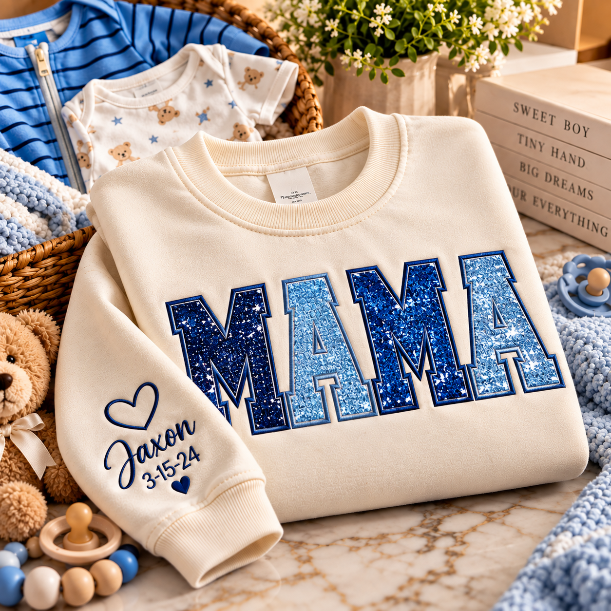 Personalized Embroidered Baby Glitter Keepsake Mama Sweatshirt | Free Shipping