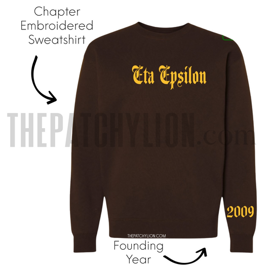Embroidered Old English Chapter Sweatshirt with Chapter Year Iota | Free Shipping