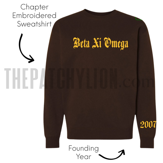 Embroidered Old English Chapter Sweatshirt with Chapter Year Iota | Free Shipping