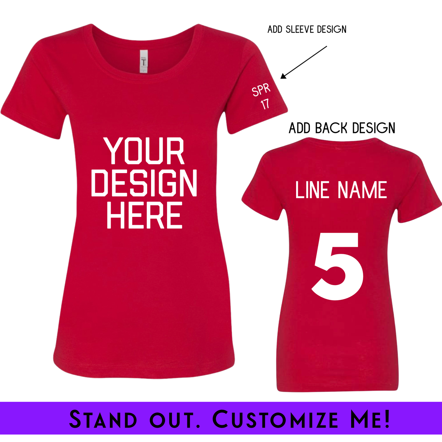 Design Your Own Ladies Fit Custom Screenprint Tee Red (FRONT + BACK + Sleeve) | Free Shipping