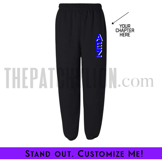 Custom Vertical Black Zeta Chapter Stitch-On Letters Sweatpants | Free Shipping