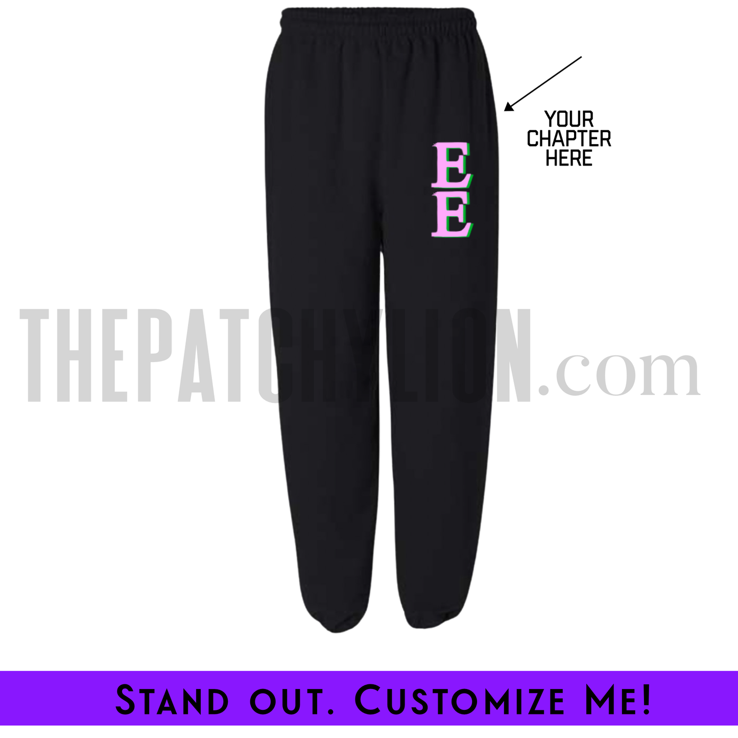 Custom Vertical Black Alpha Chapter Stitch-On Letters Sweatpants | Free Shipping